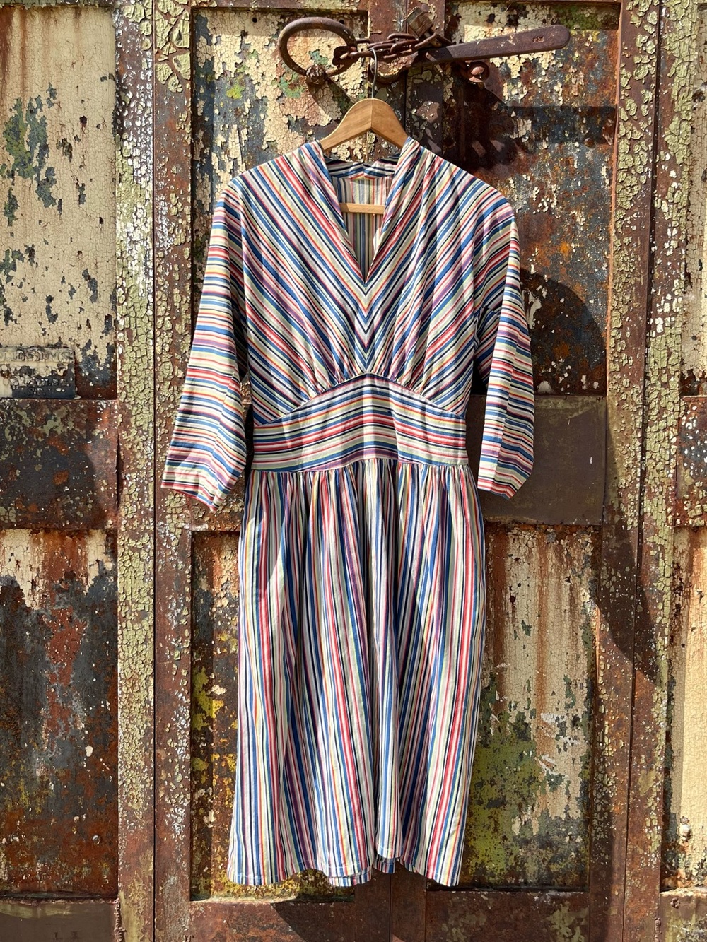 Vintage 1940s 40s Art Deco Pin Stripe Cotton Midi House Spring Dress S/4